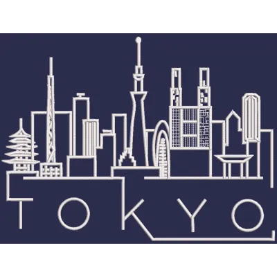 Tokyo line art embroidery design showcasing intricate city skyline details and cultural elements.