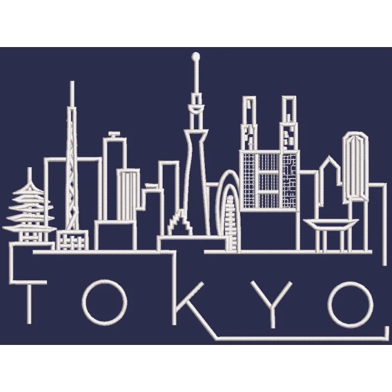 Tokyo line art embroidery design showcasing intricate city skyline details and cultural elements.