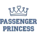Passenger princess embroidery design featuring elegant script text on a soft fabric background.