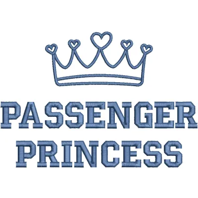 Passenger princess embroidery design featuring elegant script text on a soft fabric background.