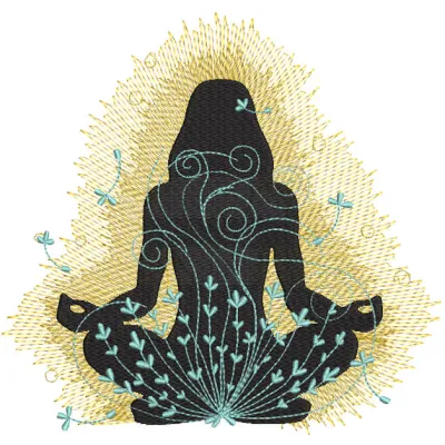 Detailed embroidery design of a yoga flower of the soul, showcasing vibrant colors and intricate patterns.