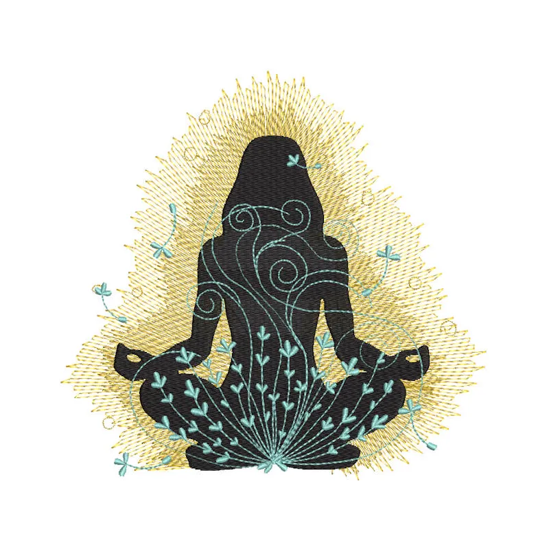 Detailed embroidery design of a yoga flower of the soul, showcasing vibrant colors and intricate patterns.