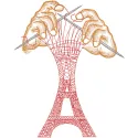 Knit your Eiffel Tower embroidery design showcasing intricate stitching of the iconic landmark.