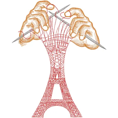 Knit your Eiffel Tower embroidery design showcasing intricate stitching of the iconic landmark.