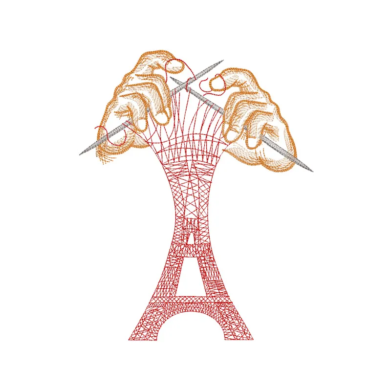 Knit your Eiffel Tower embroidery design showcasing intricate stitching of the iconic landmark.