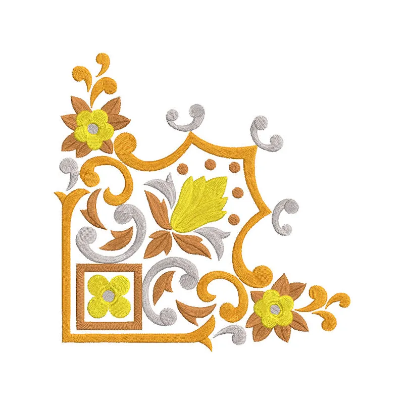 Gold corner for napkin embroidery design featuring intricate patterns and elegant detailing on a white background.