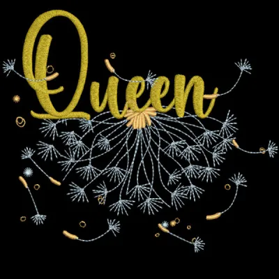 Queen dandelion embroidery design featuring intricate floral patterns and elegant typography on a soft fabric background.
