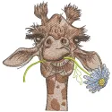 Embroidered design of a giraffe holding chamomile in its mouth, showcasing intricate stitching details.