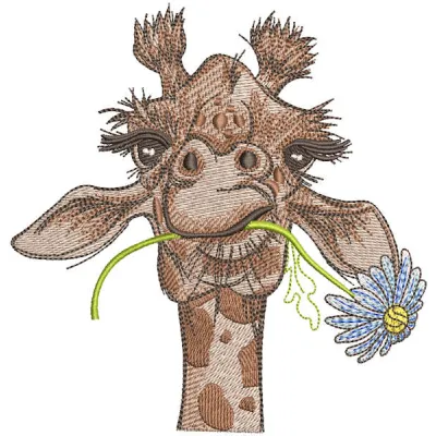 Embroidered design of a giraffe holding chamomile in its mouth, showcasing intricate stitching details.