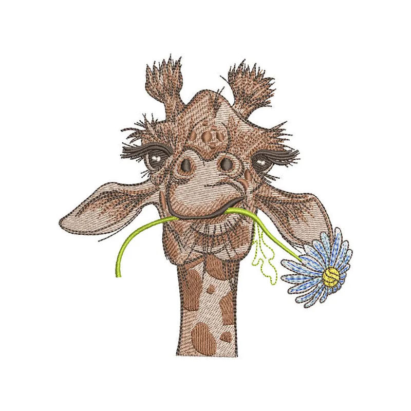 Embroidered design of a giraffe holding chamomile in its mouth, showcasing intricate stitching details.