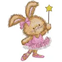 Embroidery design featuring a cute bunny ballerina holding a magic wand, perfect for craft projects.