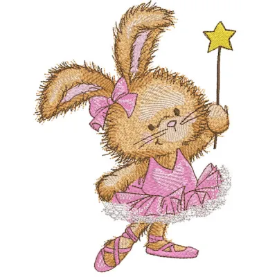 Embroidery design featuring a cute bunny ballerina holding a magic wand, perfect for craft projects.