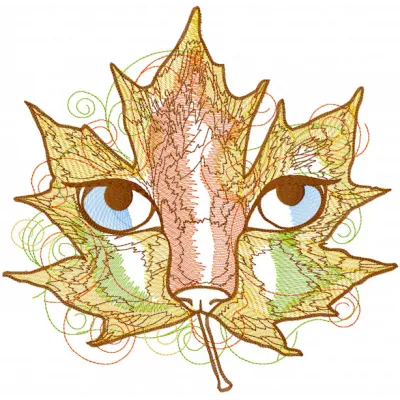Autumn leaf cat embroidery design featuring a playful cat surrounded by colorful autumn leaves.