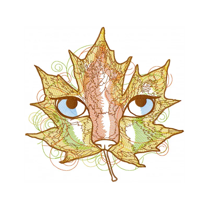 Autumn leaf cat embroidery design featuring a playful cat surrounded by colorful autumn leaves.
