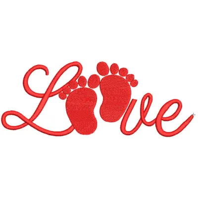 Embroidery design featuring the quote 'Love baby foots' with delicate stitching and playful font.