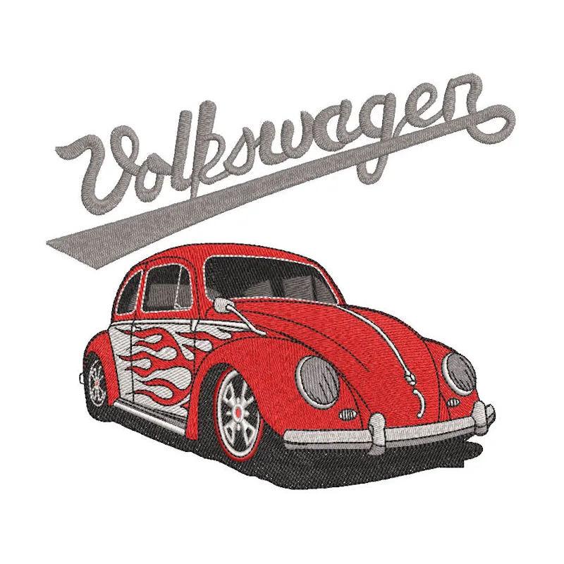 Close-up of a Beetle featuring intricate logo embroidery design on the exterior.