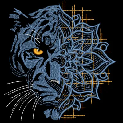 Intricate Panther lotus geometric pattern embroidery design featuring African animal motifs.