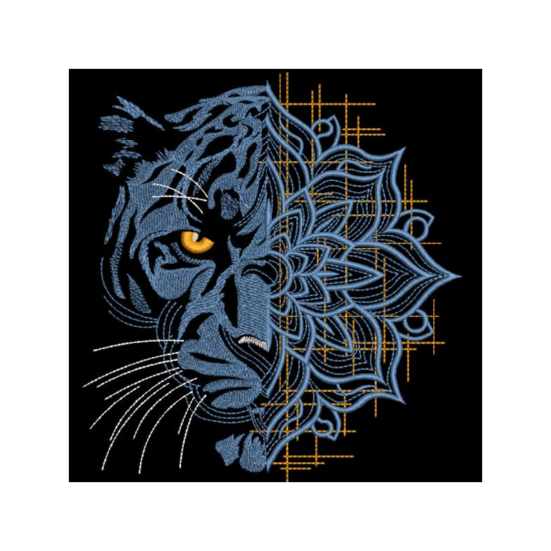 Intricate Panther lotus geometric pattern embroidery design featuring African animal motifs.