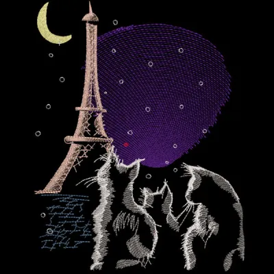 Embroidery design of cats against a scenic night view of Paris, showcasing iconic landmarks and a starry sky.