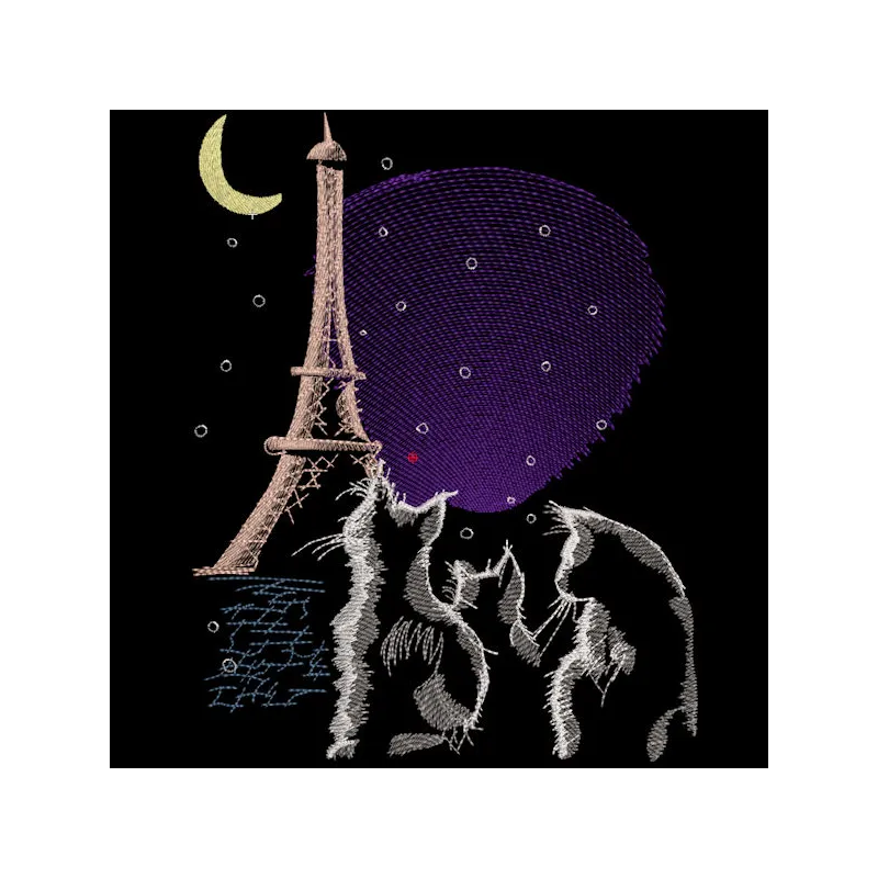 Embroidery design of cats against a scenic night view of Paris, showcasing iconic landmarks and a starry sky.