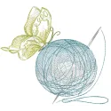 Butterfly on a bunch of colorful knitting threads in detailed embroidery design for crafts.
