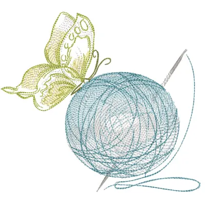 Butterfly on a bunch of colorful knitting threads in detailed embroidery design for crafts.