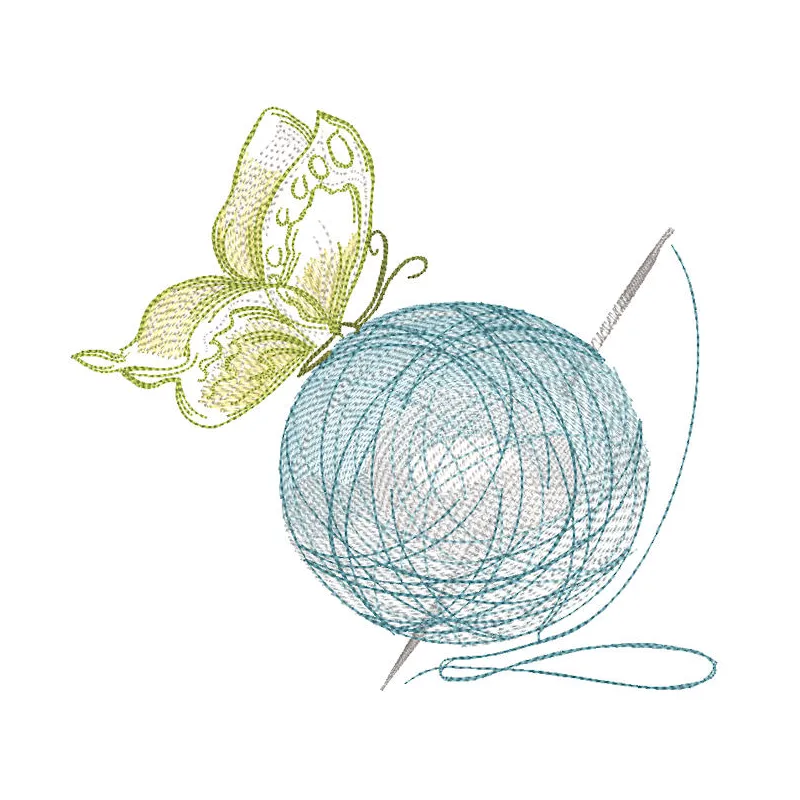 Butterfly on a bunch of colorful knitting threads in detailed embroidery design for crafts.