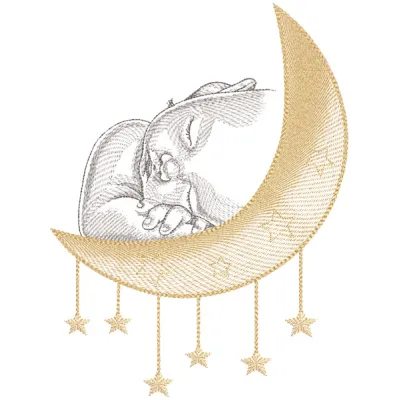 A baby peacefully sleeping on a soft surface featuring a golden crescent embroidery design.