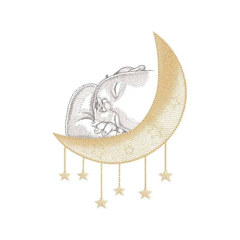 A baby peacefully sleeping on a soft surface featuring a golden crescent embroidery design.