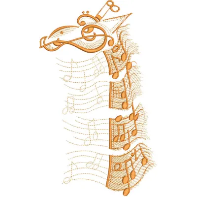 A colorful music giraffe embroidery design featuring a whimsical giraffe surrounded by musical notes.