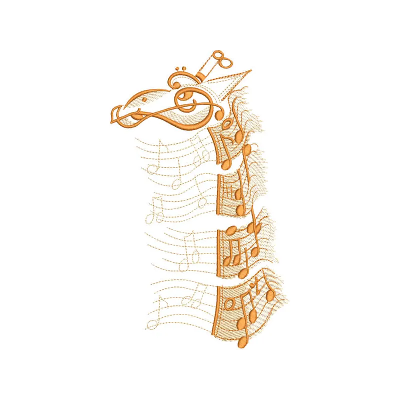 A colorful music giraffe embroidery design featuring a whimsical giraffe surrounded by musical notes.