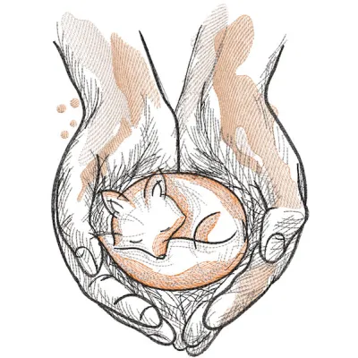 Embroidery design featuring a sleeping fox nestled among palm leaves.