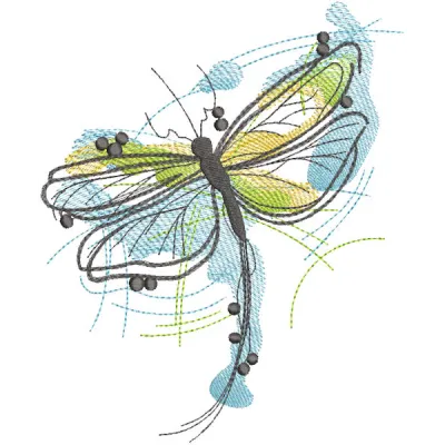 A colorful flying dragonfly watercolor embroidery design showcasing intricate details and vibrant hues.