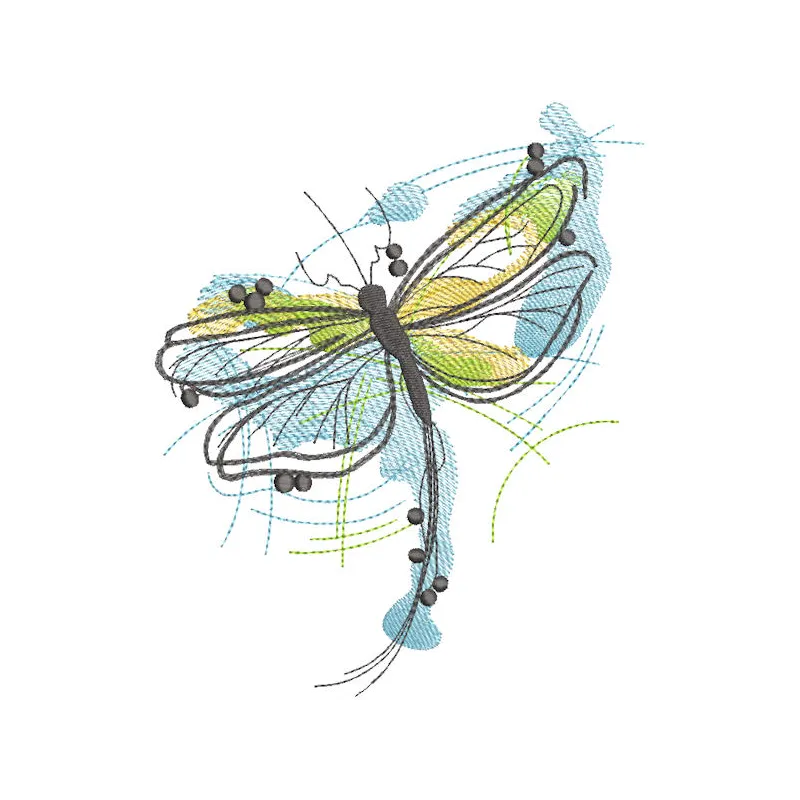 A colorful flying dragonfly watercolor embroidery design showcasing intricate details and vibrant hues.
