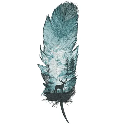Feather night forest embroidery design showcasing intricate patterns of feathers and wings in deep, rich colors.