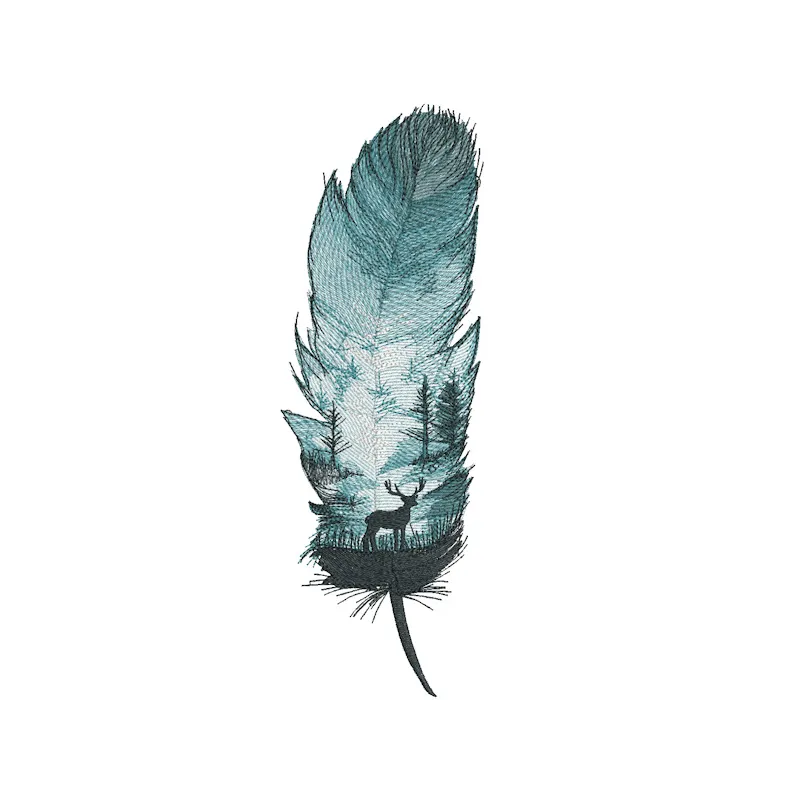 Feather night forest embroidery design showcasing intricate patterns of feathers and wings in deep, rich colors.