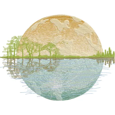Landscape lake against sunset background embroidery design showcasing vibrant colors and serene scenery.