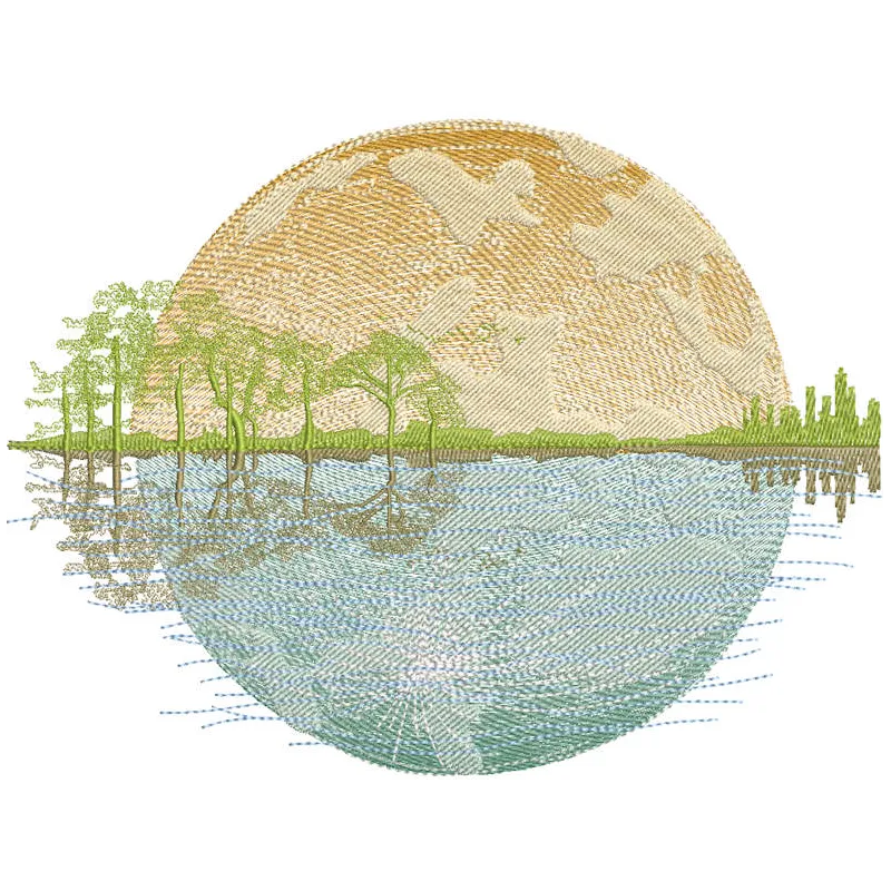 Landscape lake against sunset background embroidery design showcasing vibrant colors and serene scenery.
