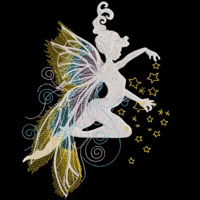 Rainbow fairy magic stars embroidery design featuring colorful stars and whimsical fairy elements on a fabric background.