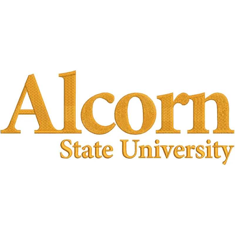 Alcorn State University logo embroidery design featuring the Braves emblem in vibrant colors on a fabric background.