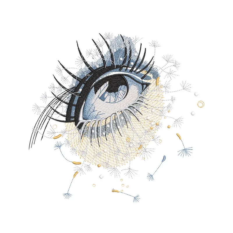 Dandelion eye embroidery design featuring intricate stitching of a dandelion and eye motif on fabric.
