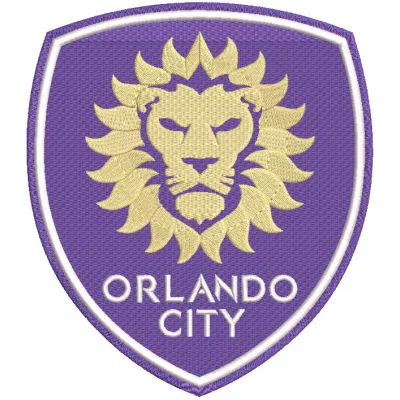 Orlando City logo embroidery design featuring a purple lion and team name on a textured fabric background.