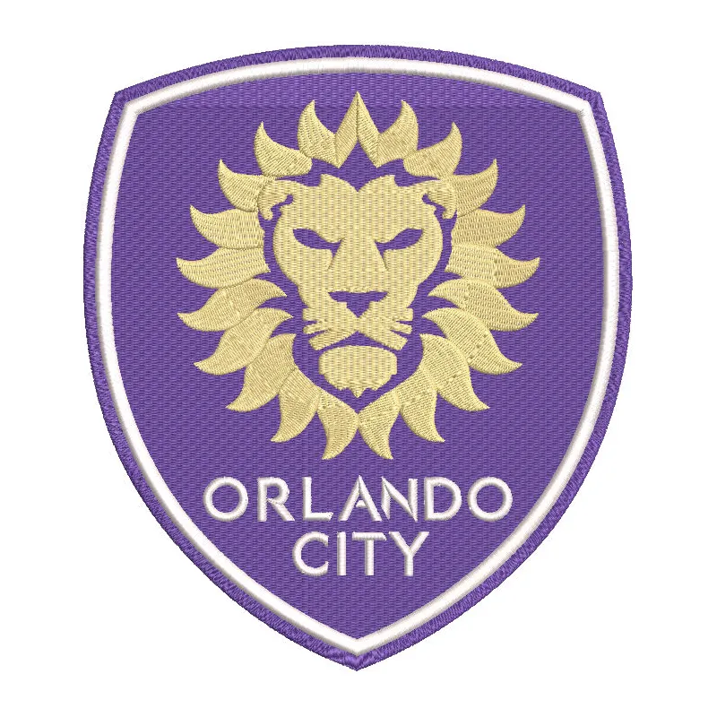 Orlando City logo embroidery design featuring a purple lion and team name on a textured fabric background.