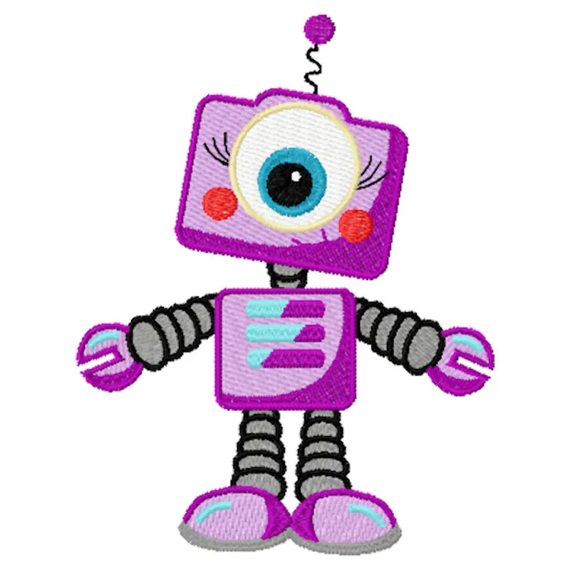 Violet robot embroidery design featuring intricate patterns and vibrant colors, perfect for creative projects.