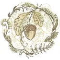 Fall oak motif embroidery design featuring intricate leaves and acorns in vibrant autumn colors.