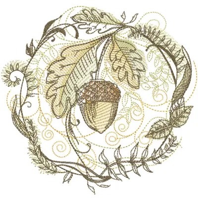Fall oak motif embroidery design featuring intricate leaves and acorns in vibrant autumn colors.