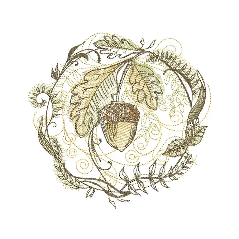 Fall oak motif embroidery design featuring intricate leaves and acorns in vibrant autumn colors.