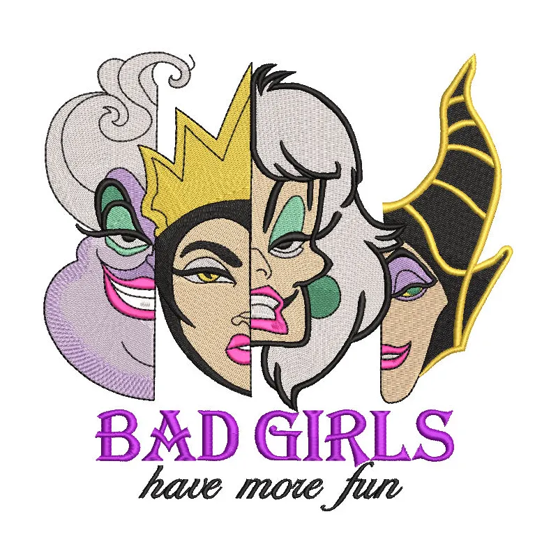 Embroidery design featuring the phrase 'Villains Bad Girls Have More Fun' in stylish lettering.