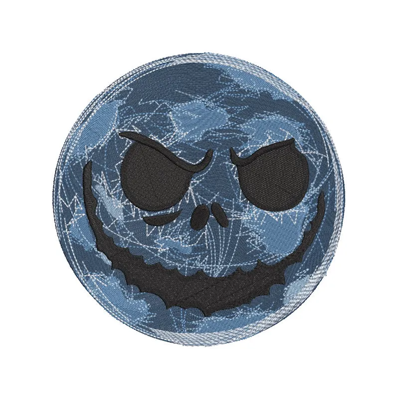 Skellington scary moon embroidery design featuring Jack Skellington against a haunting moonlit background.