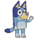 Embroidery design of Bluey waving with a paw raised, showcasing vibrant colors and playful character details.